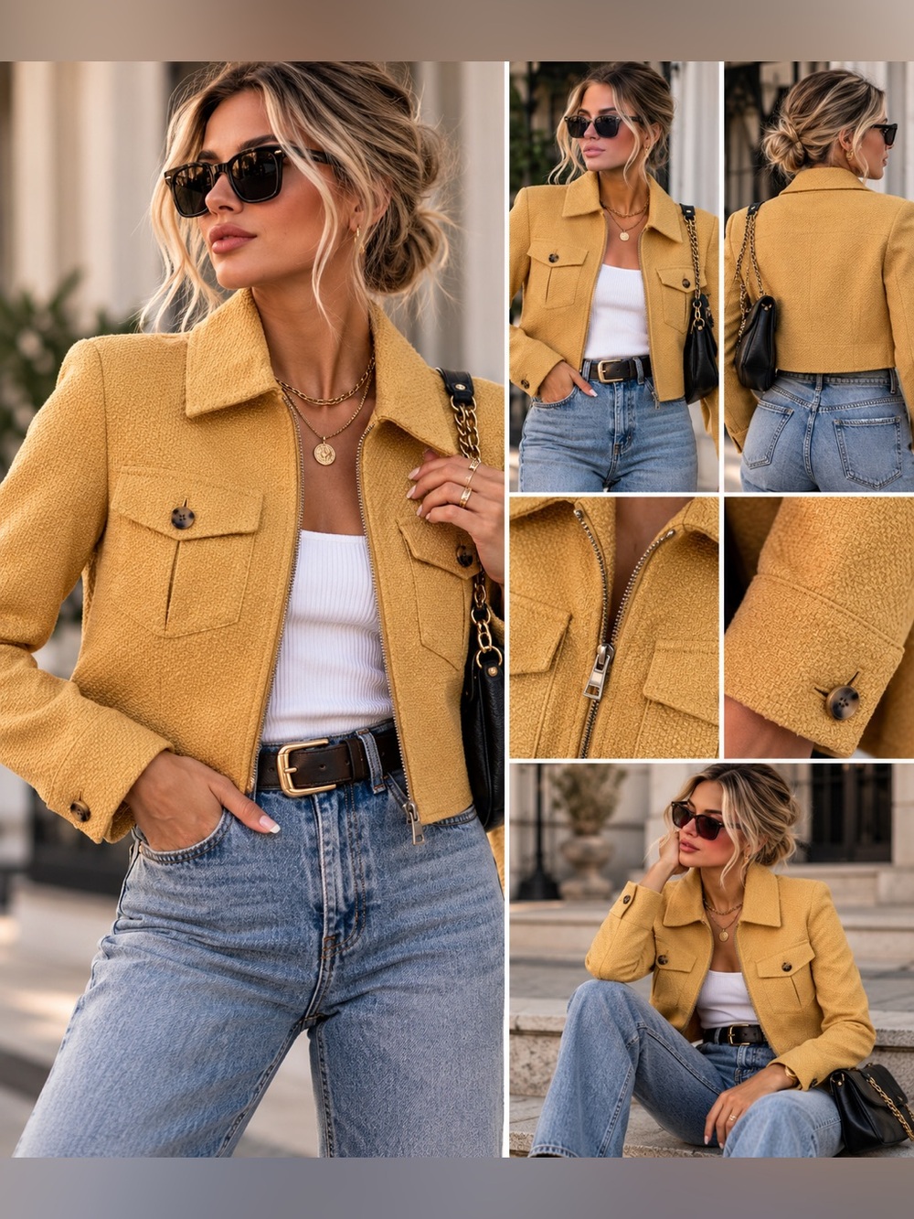 Club Monaco Textured Crop Jacket XS NWT Mustard Gold Zip Front